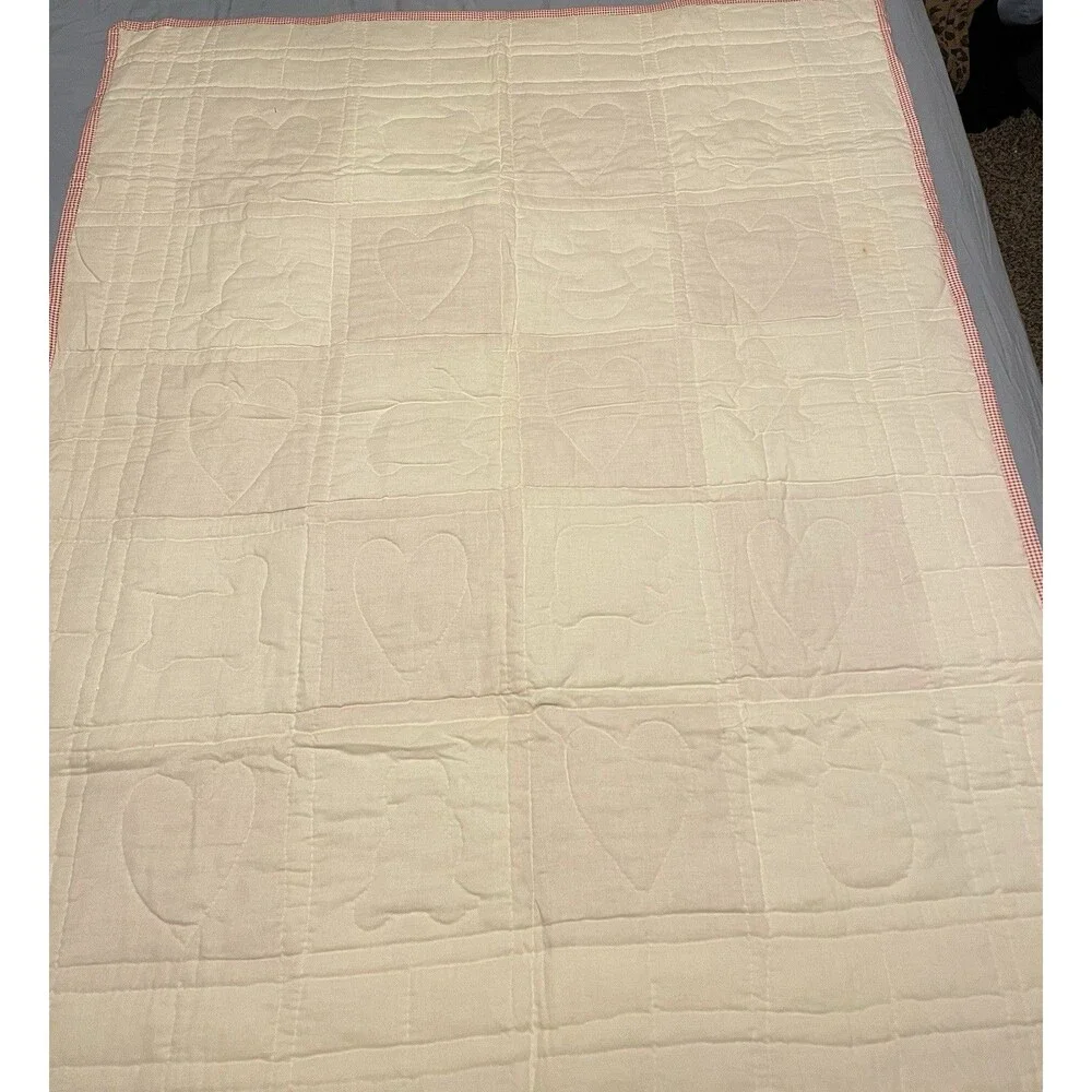 10 Panel Embroidered Gingham Heirloom Quality Baby Blanket Quilt 43.5 X 34.5”